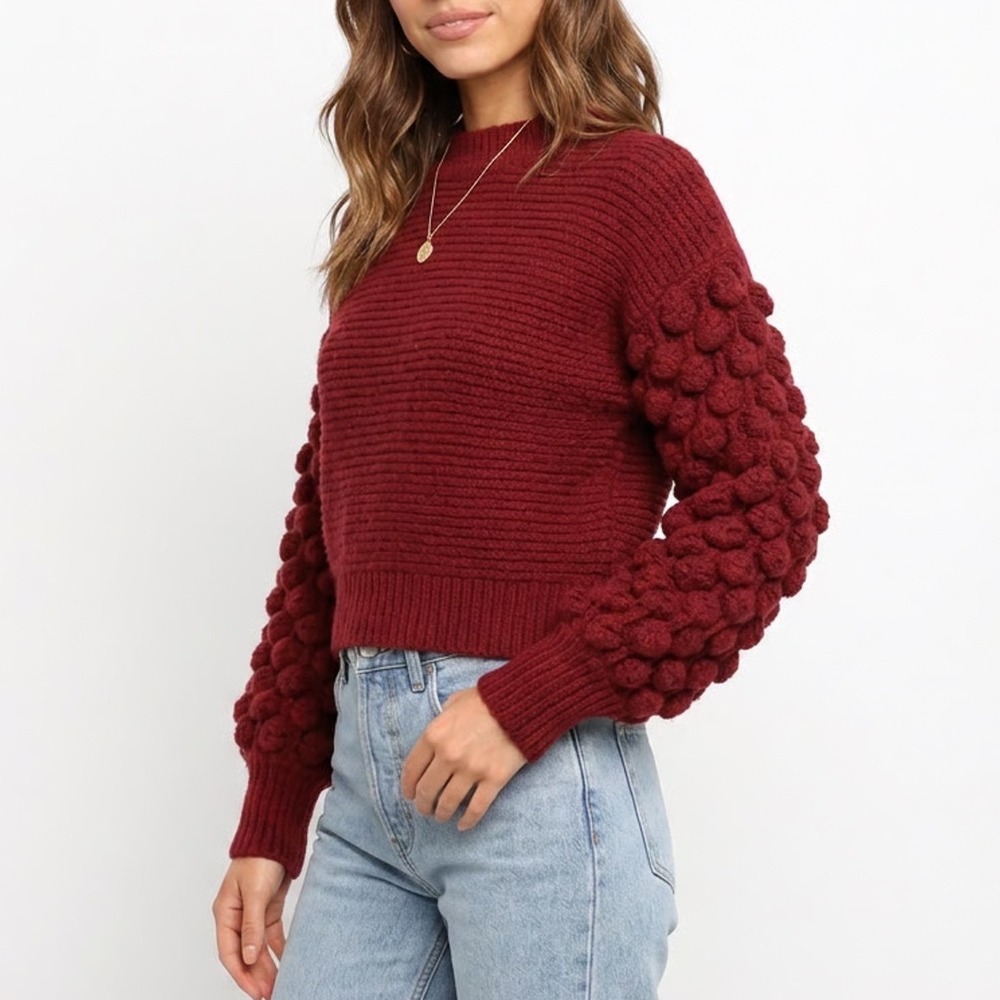Harper Heritage Burgundy Popcorn Puff Sleeve Ribbed Mock Neck Sweater M